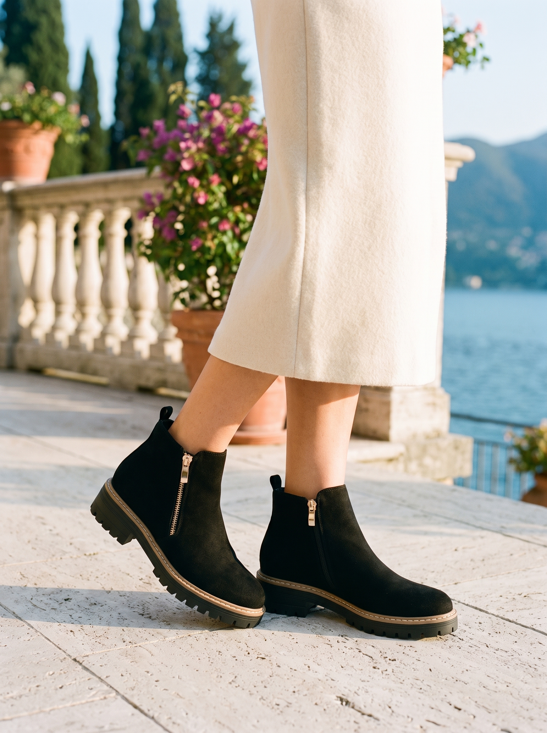 Woman wearing black suede-look lug sole ankle boots with gold side zip