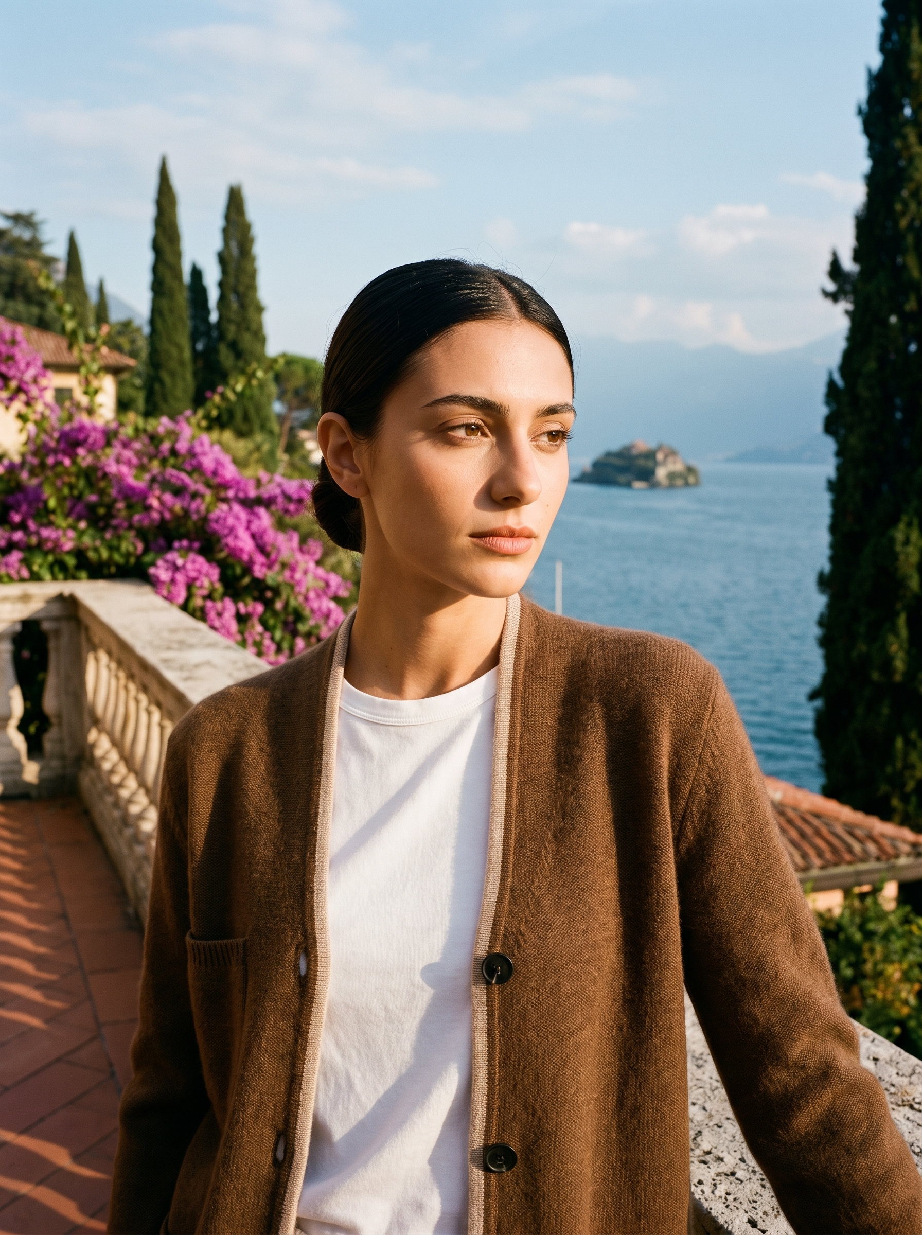 Woman wearing a brown cashmere cardigan on a terrace overlooking Lake Como, old money style — Aveloire