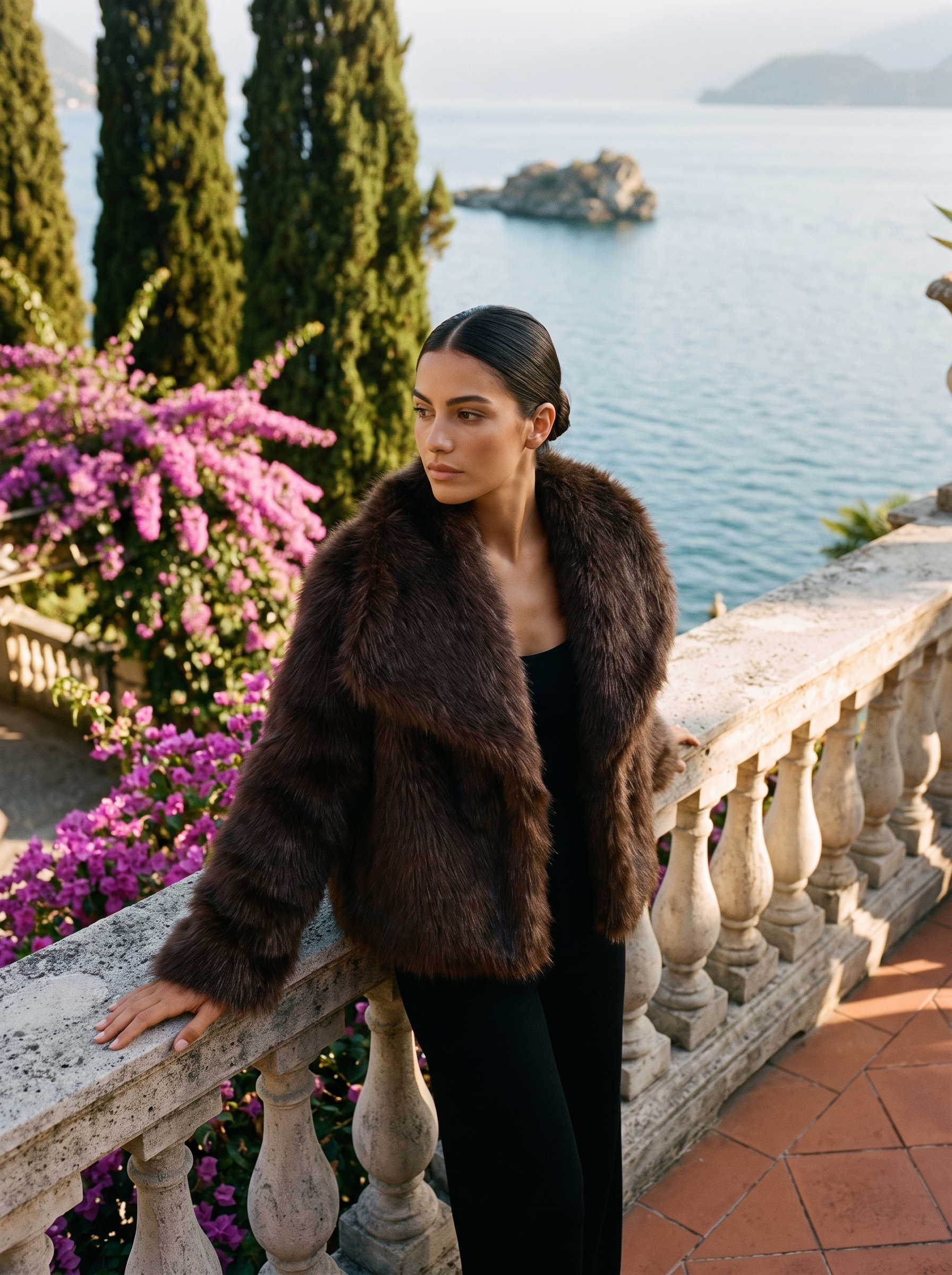 Woman wearing a chocolate-brown cropped faux fur coat on a Lake Como terrace — Aveloire