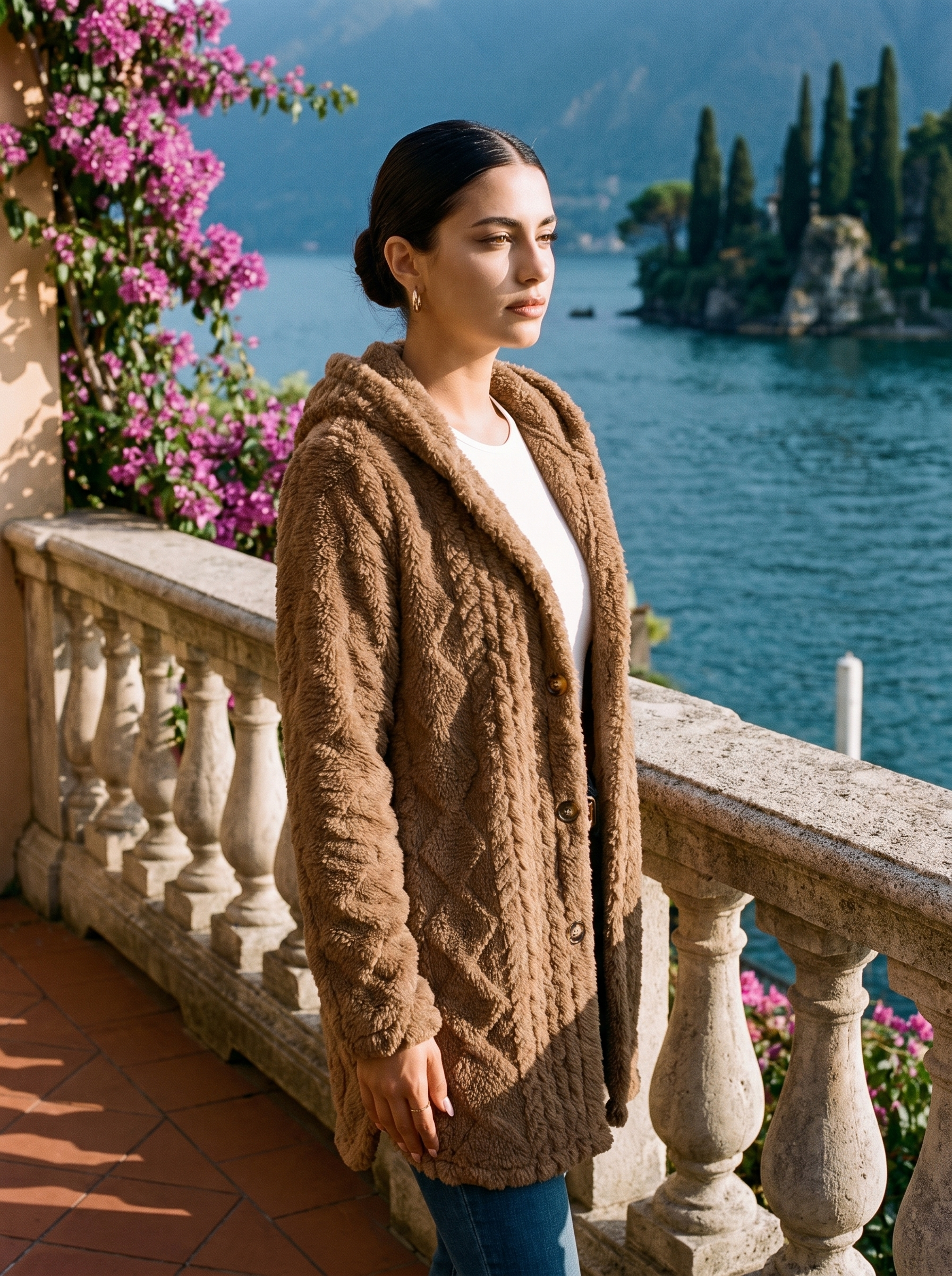 Woman wearing a coffee-brown plush hooded longline cardigan on a Lake Como terrace — Aveloire