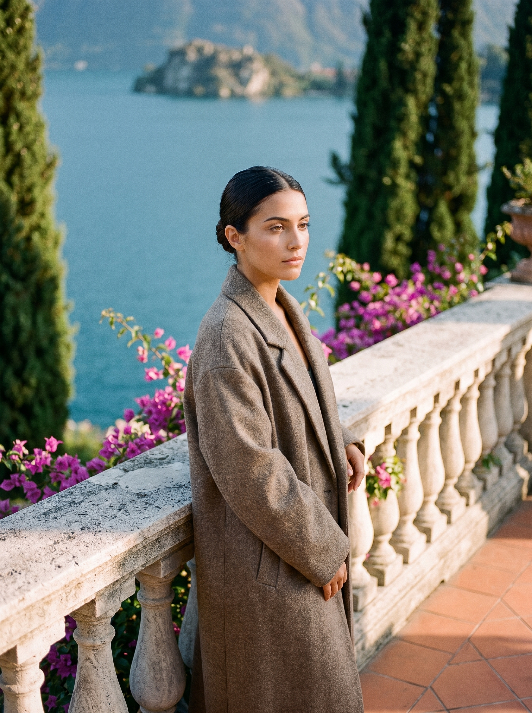 Woman wearing taupe brown oversized longline wool coat on a Lake Como terrace