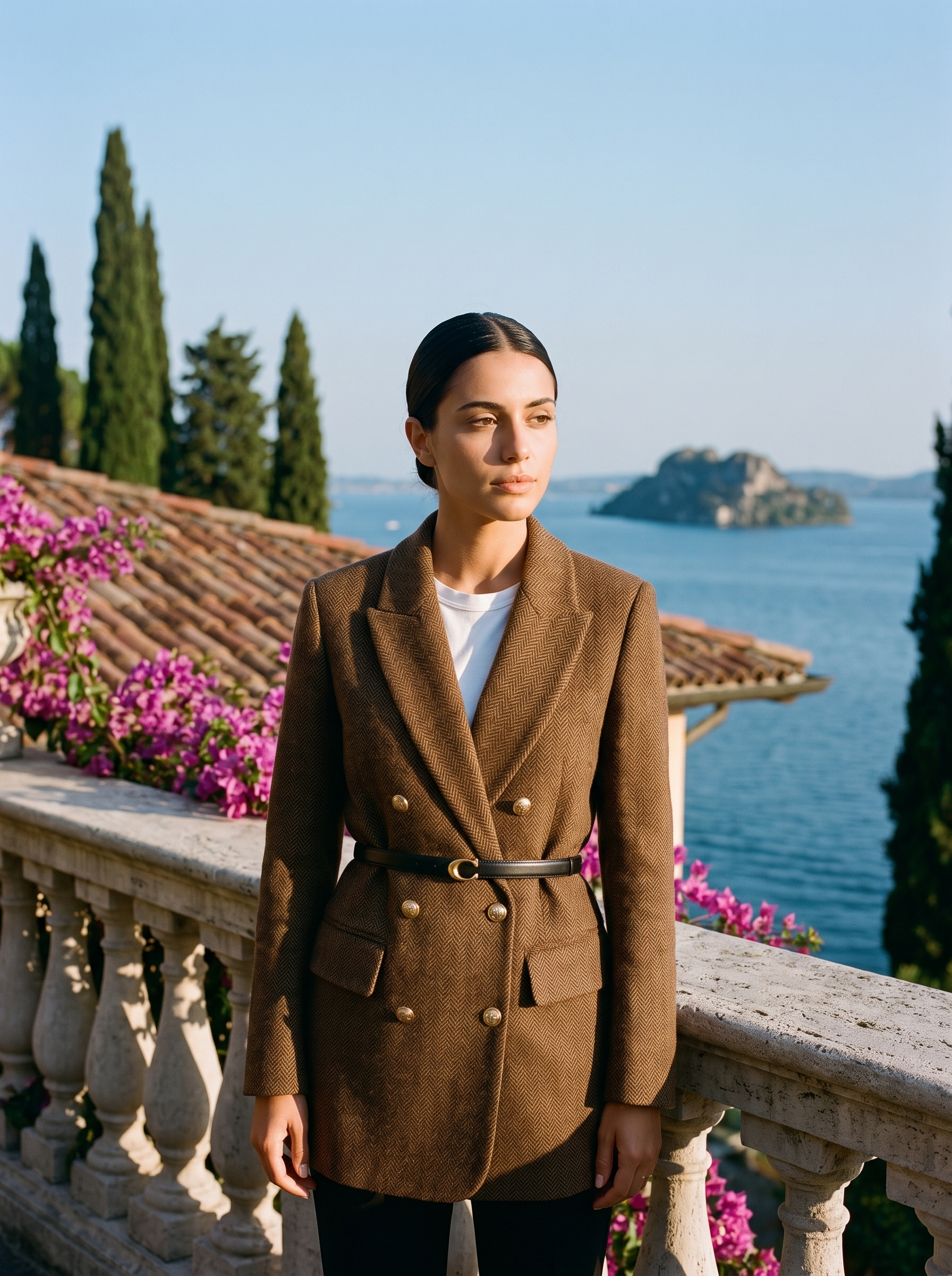 Woman wearing a belted brown tweed blazer on a terrace overlooking Lake Como, old money style — Aveloire