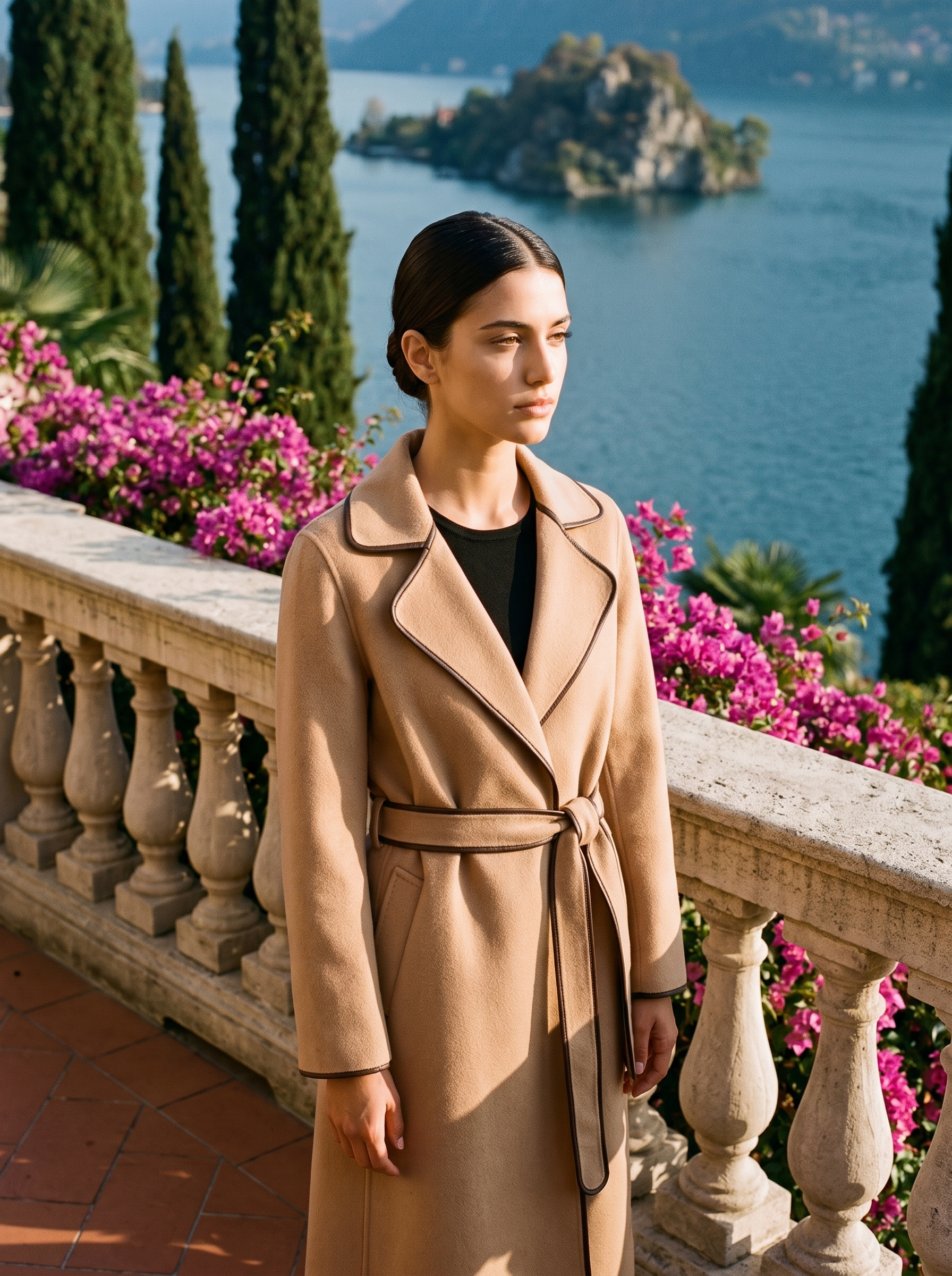 Woman wearing a camel contrast-trim wool wrap coat on a Lake Como terrace — Aveloire