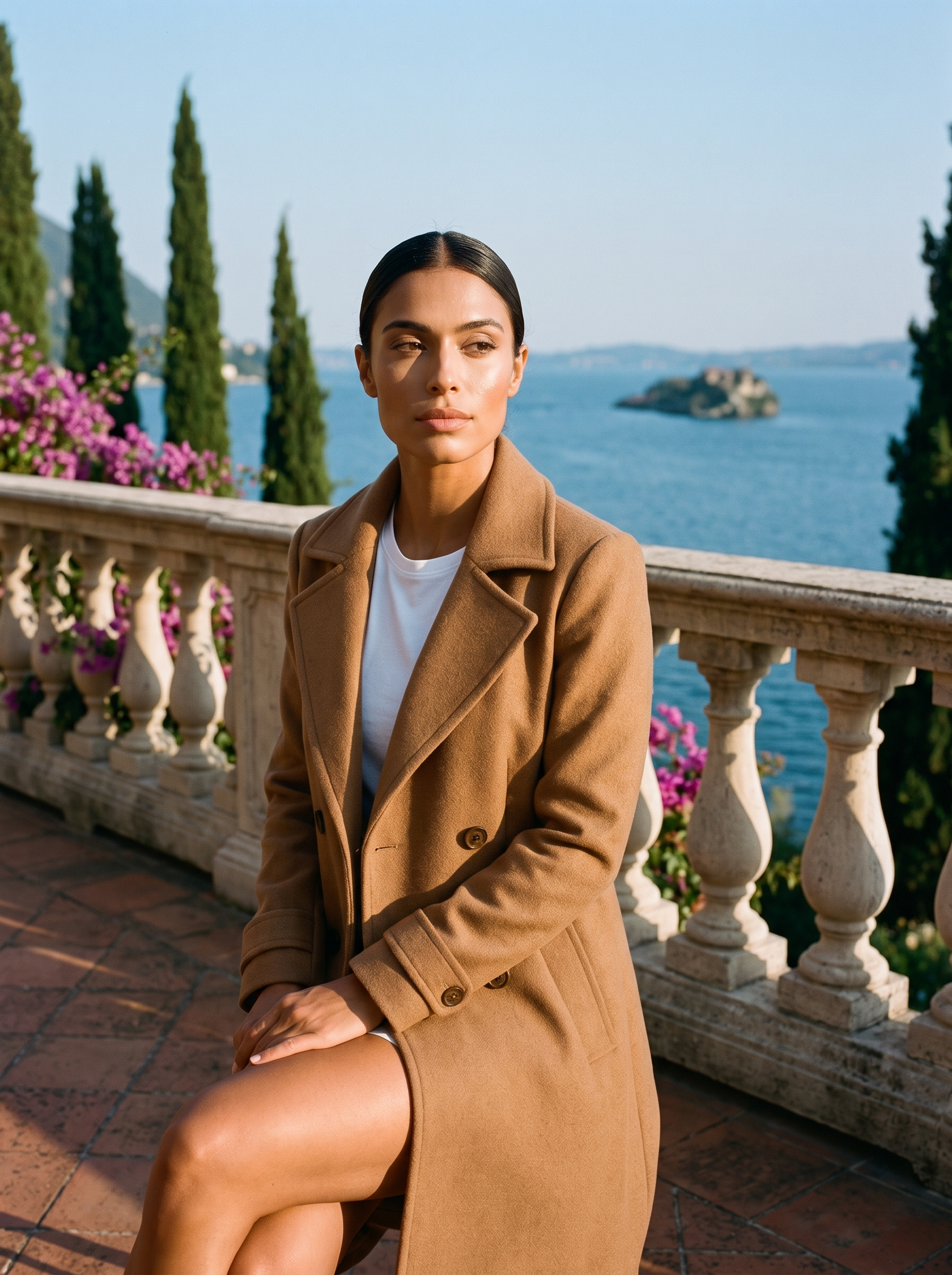 Woman wearing a camel wool overcoat on a terrace overlooking Lake Como — Aveloire
