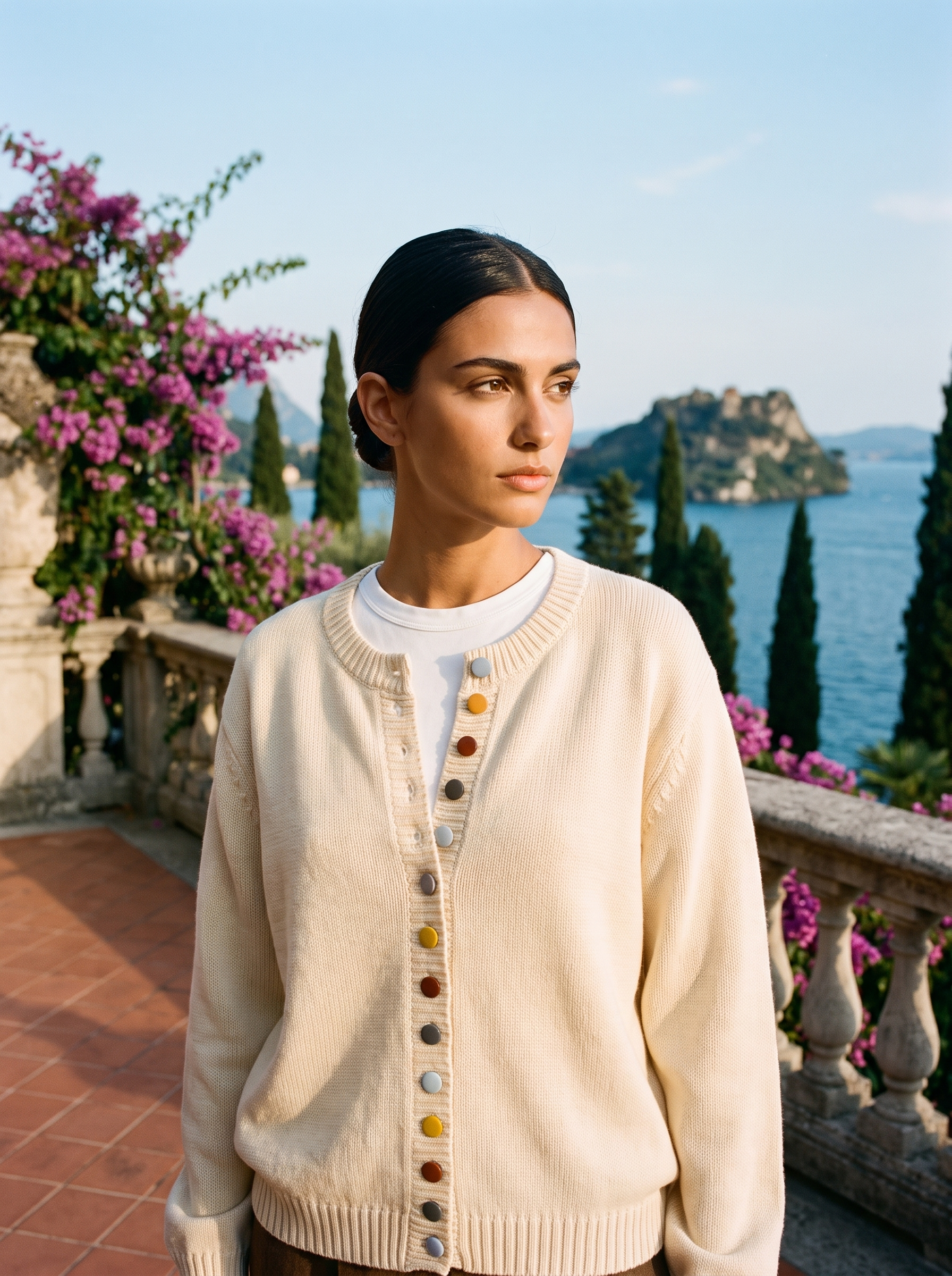 Woman wearing a cream button cardigan on a terrace overlooking Lake Como, old money style — Aveloire