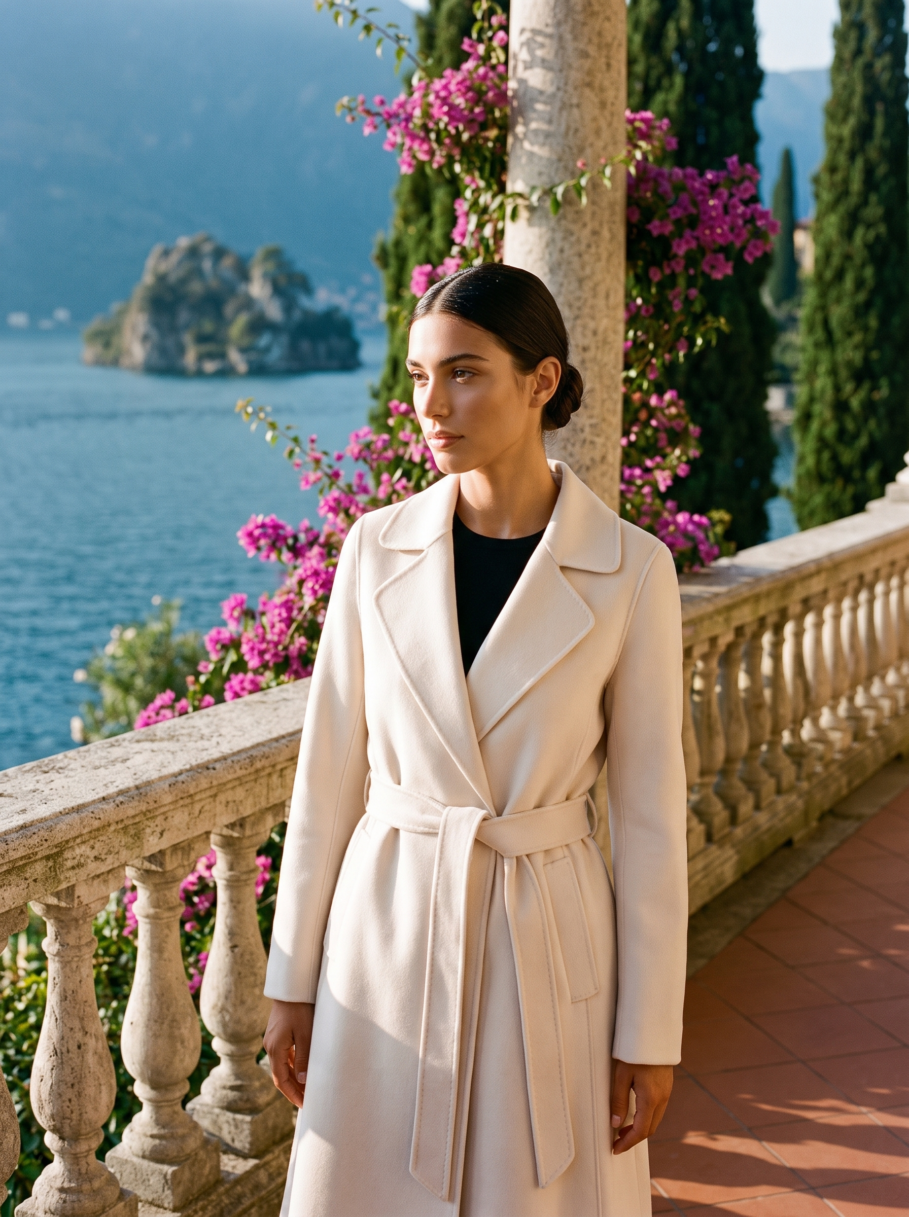 Woman wearing a cream wool wrap coat on a Lake Como terrace — Aveloire