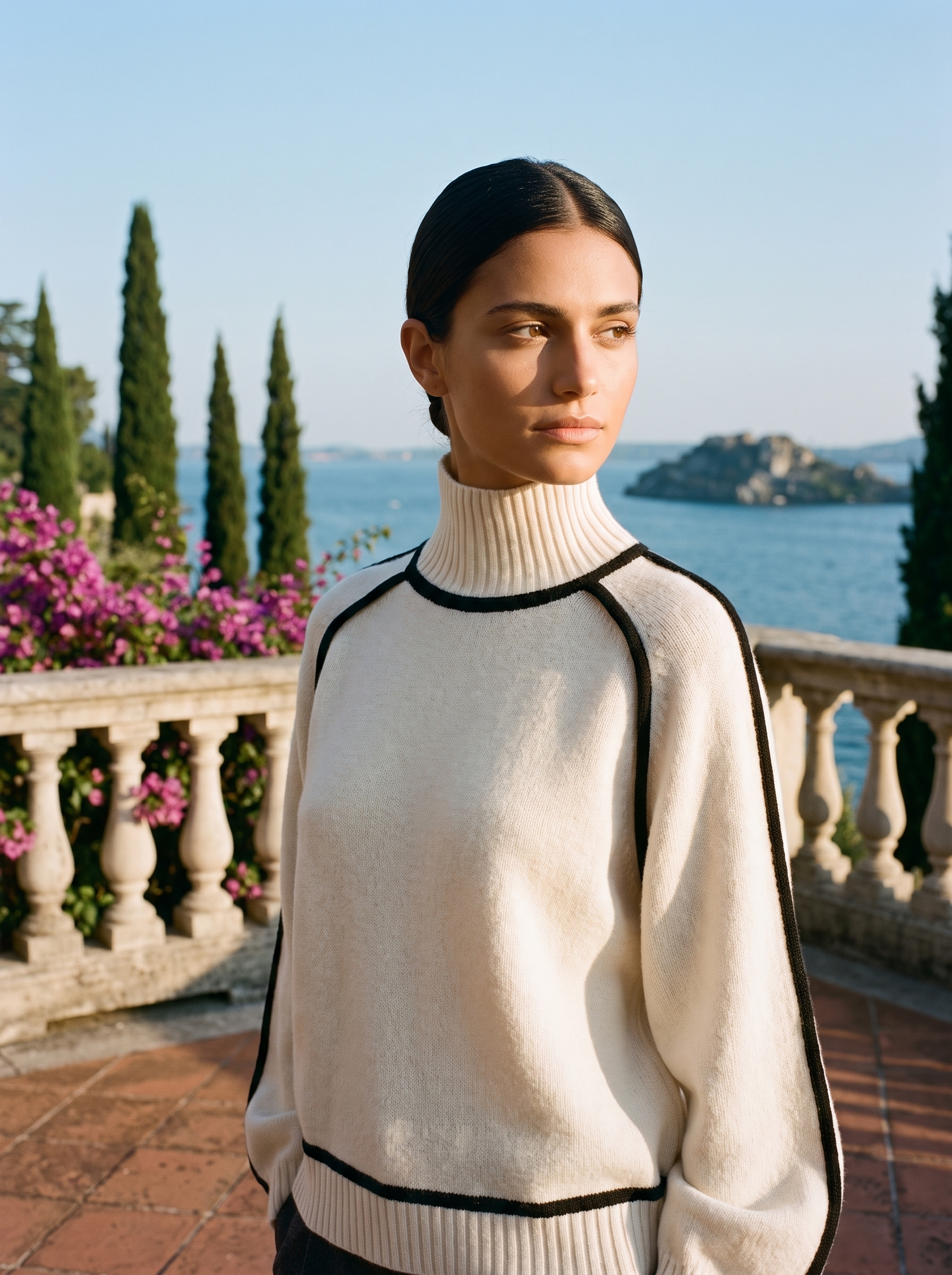Woman wearing a cream contrast-trim turtleneck jumper on a terrace overlooking Lake Como — Aveloire