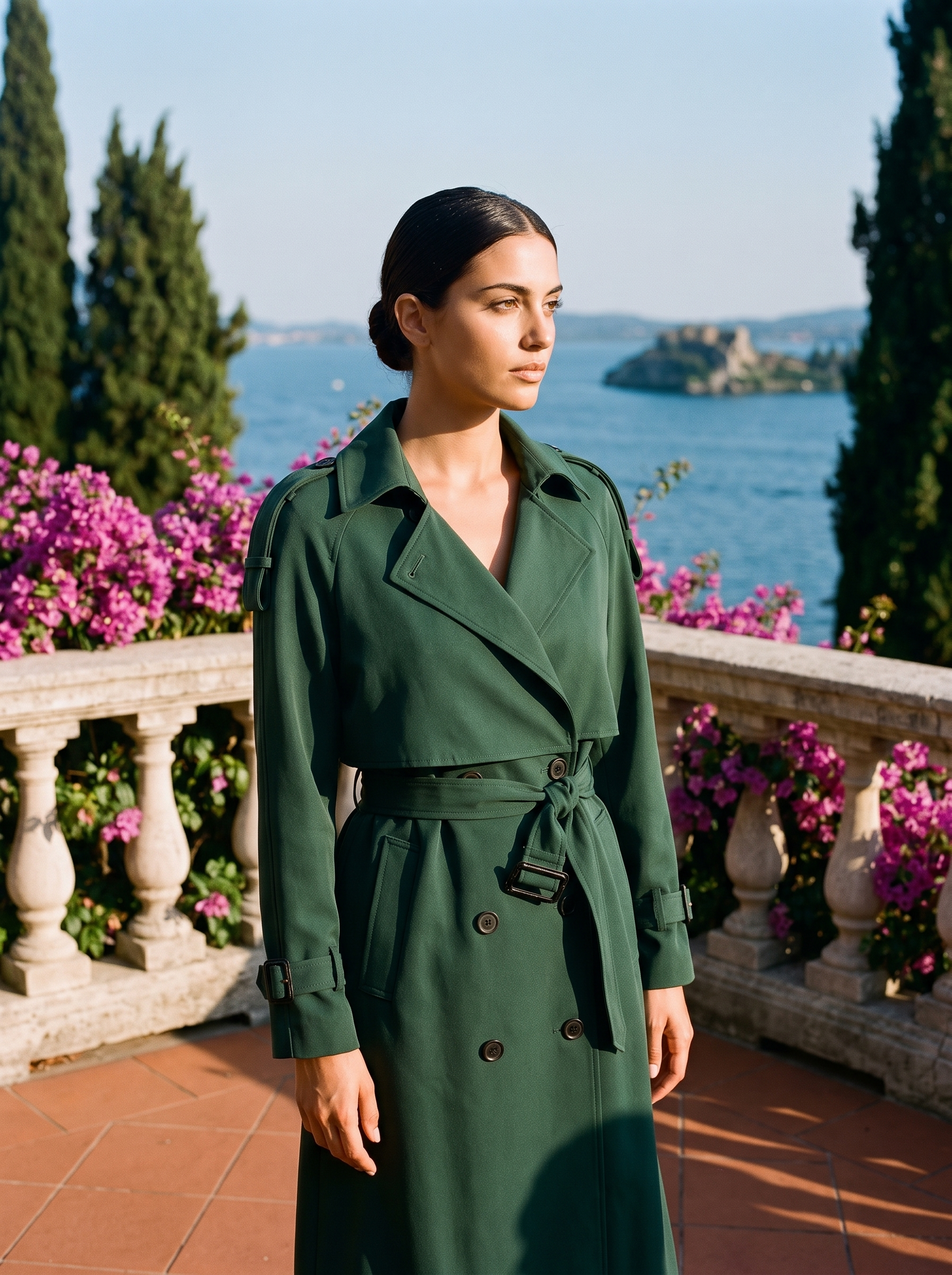 Woman wearing green longline trench coat on a Lake Como terrace — Aveloire
