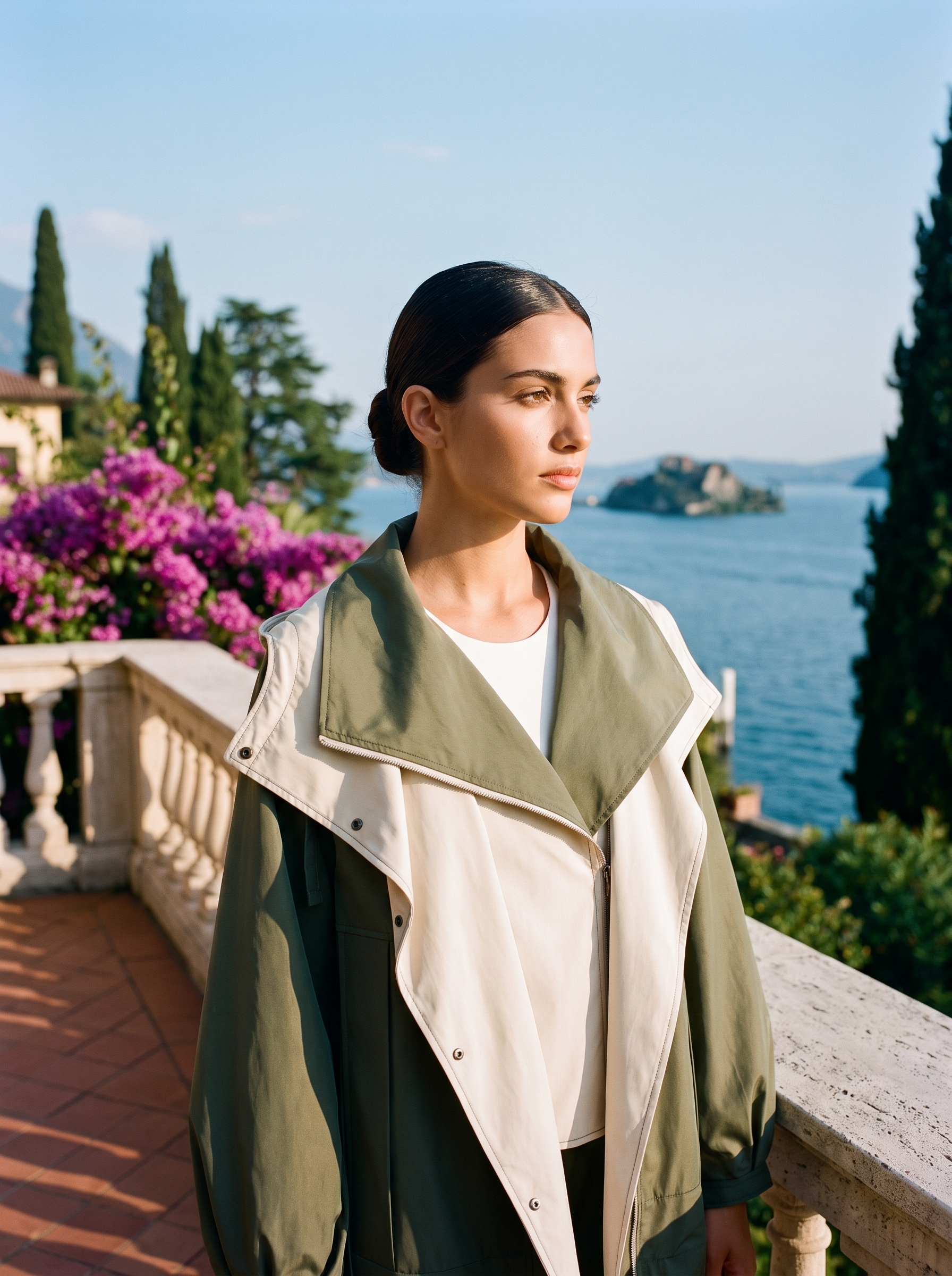 Woman wearing a green windbreaker jacket on a terrace overlooking Lake Como, old money style — Aveloire