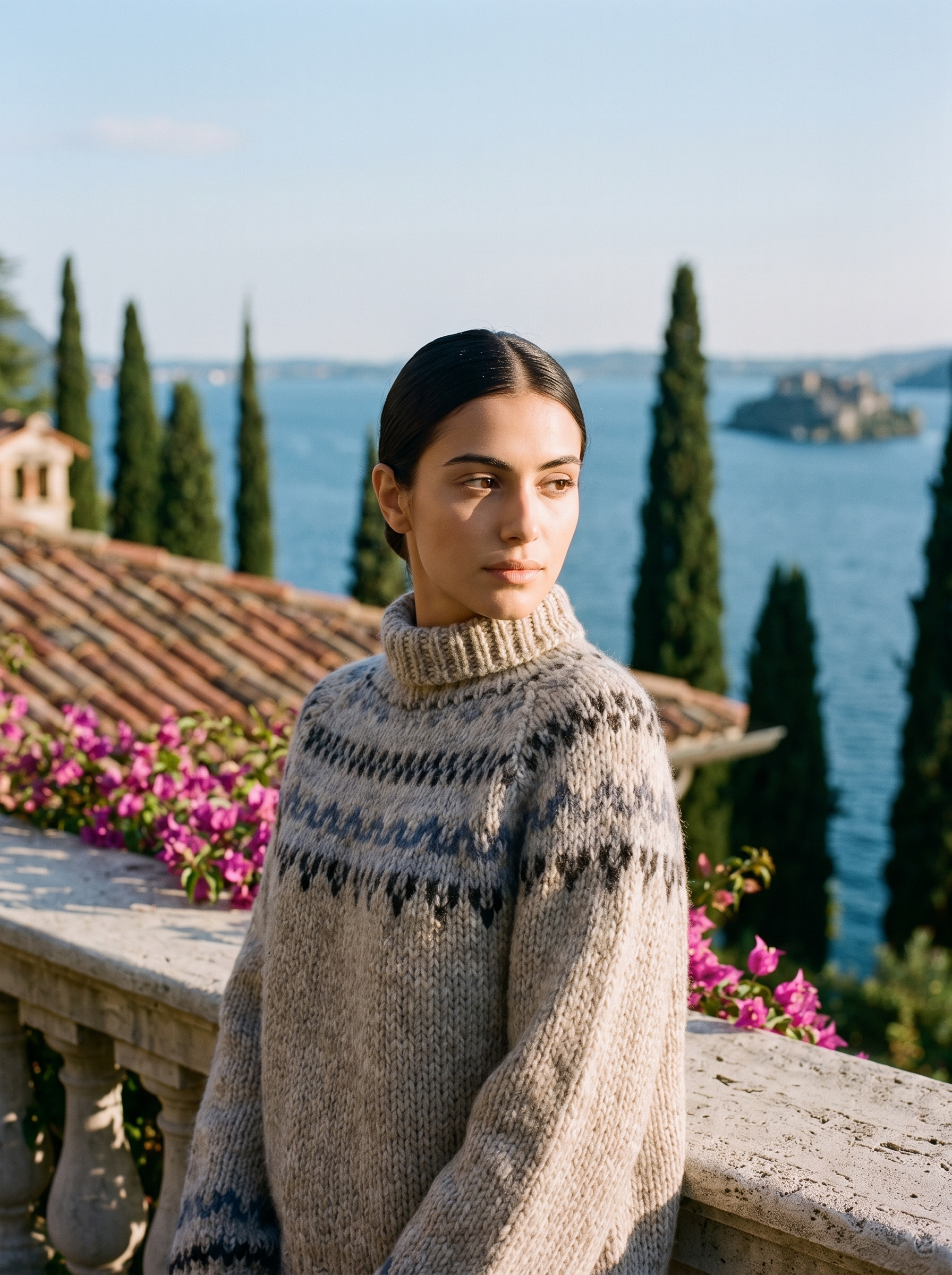 Woman wearing a grey Fair Isle roll-neck jumper on a terrace overlooking Lake Como, old money style — Aveloire