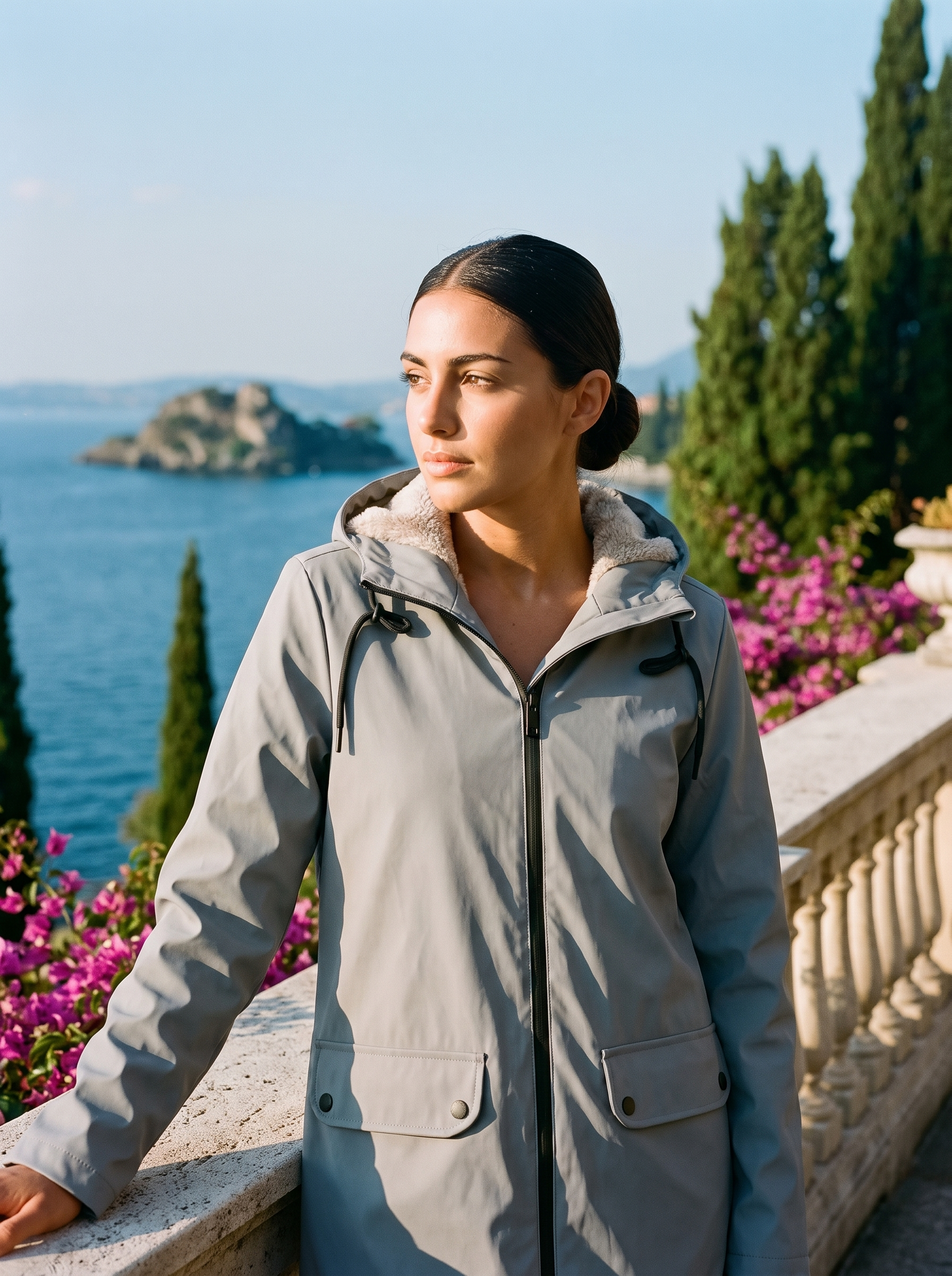 Woman wearing grey waterproof rain jacket on a Lake Como terrace — Aveloire
