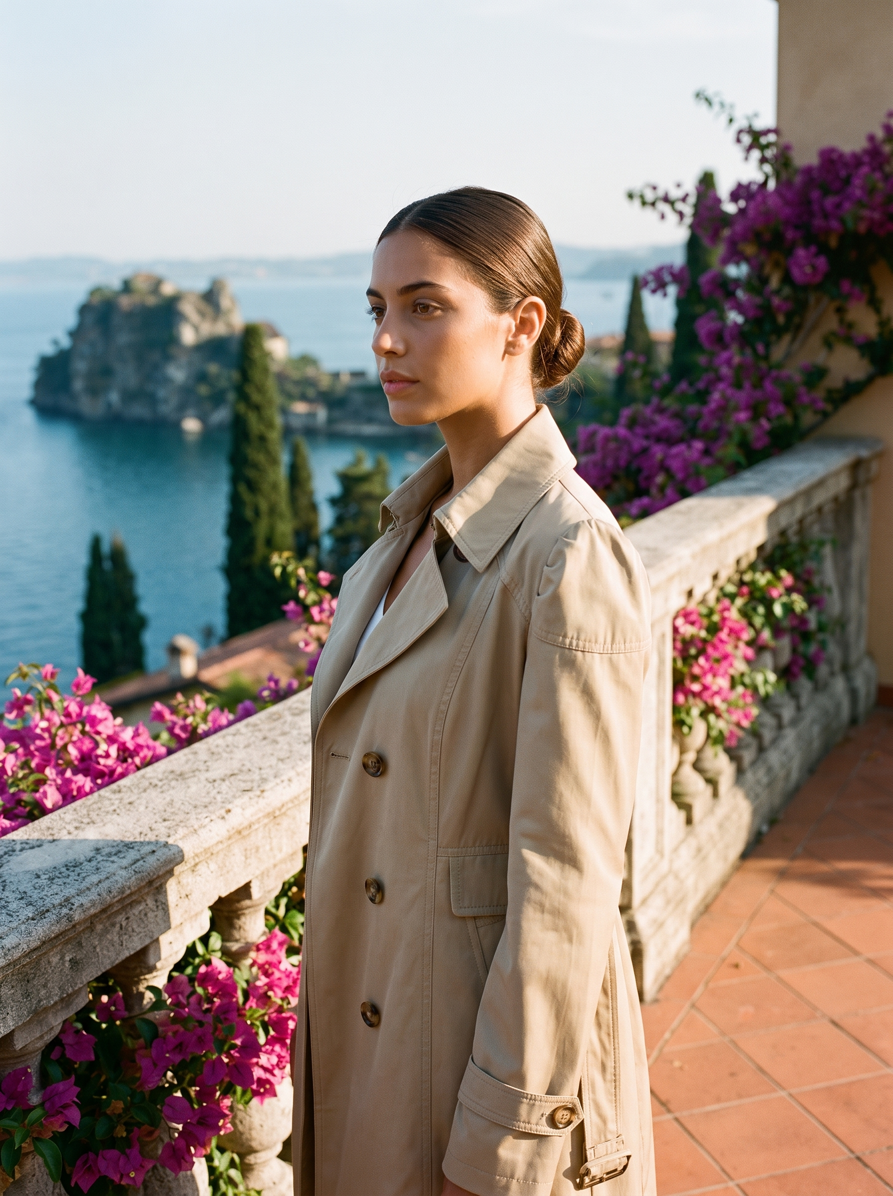 Woman wearing khaki rain coat on a Lake Como terrace — Aveloire