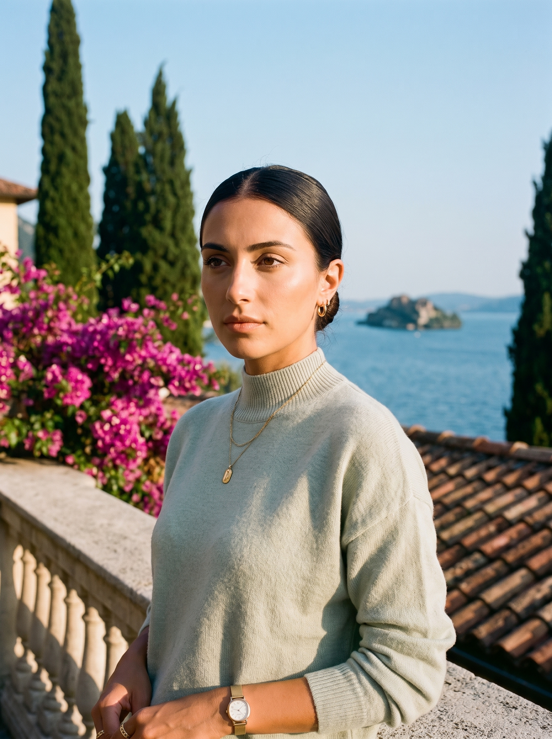Woman wearing a light green mock-neck jumper on a terrace overlooking Lake Como — Aveloire