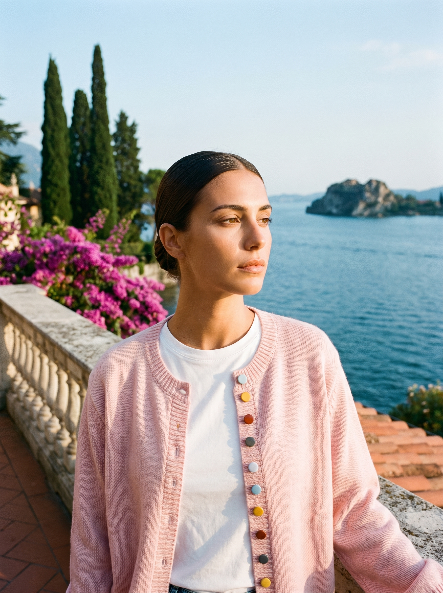 Woman wearing a light pink button cardigan on a terrace overlooking Lake Como, old money style — Aveloire