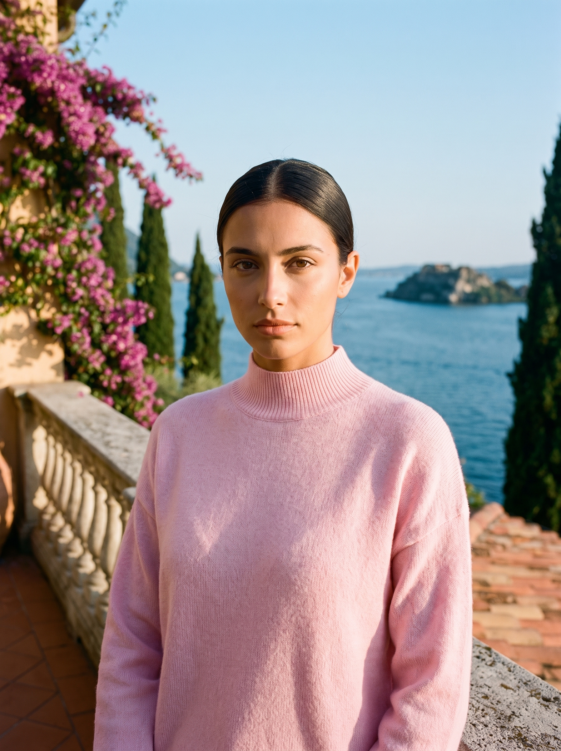 Woman wearing a light pink mock-neck jumper on a terrace overlooking Lake Como — Aveloire