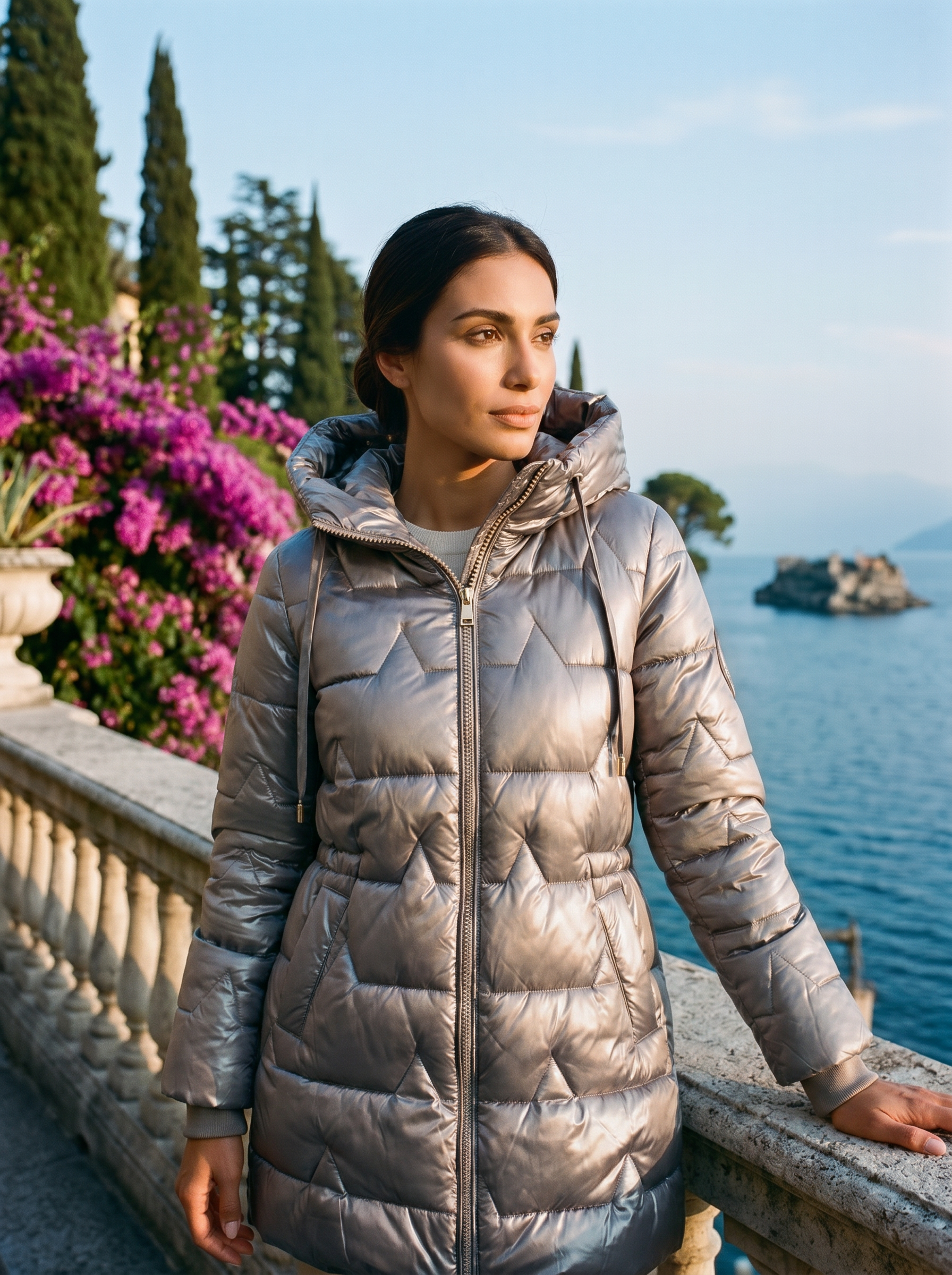 Woman wearing a metallic pewter-grey quilted puffer coat on a Lake Como terrace — Aveloire