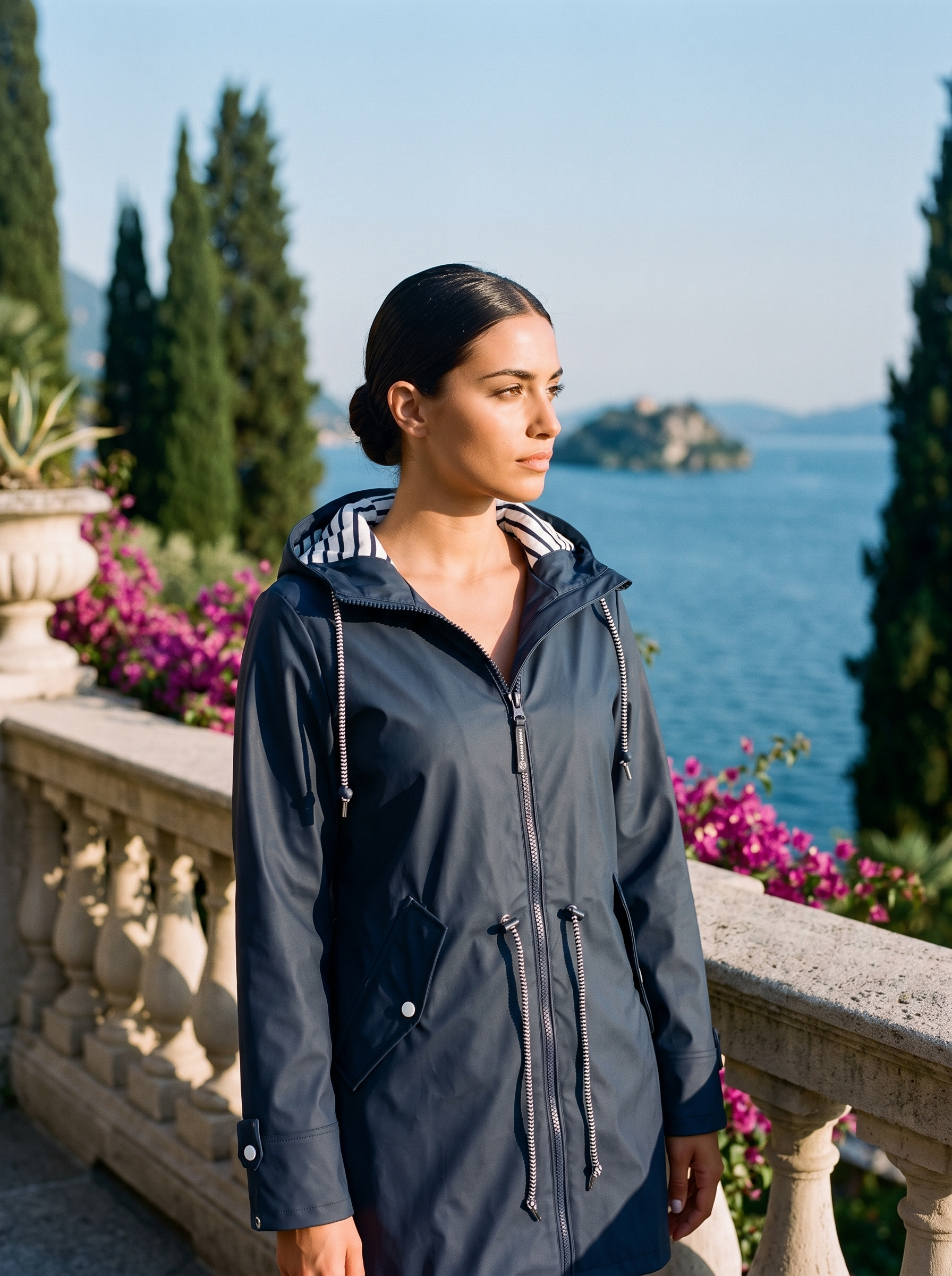Woman wearing navy blue waterproof jacket on a Lake Como terrace — Aveloire