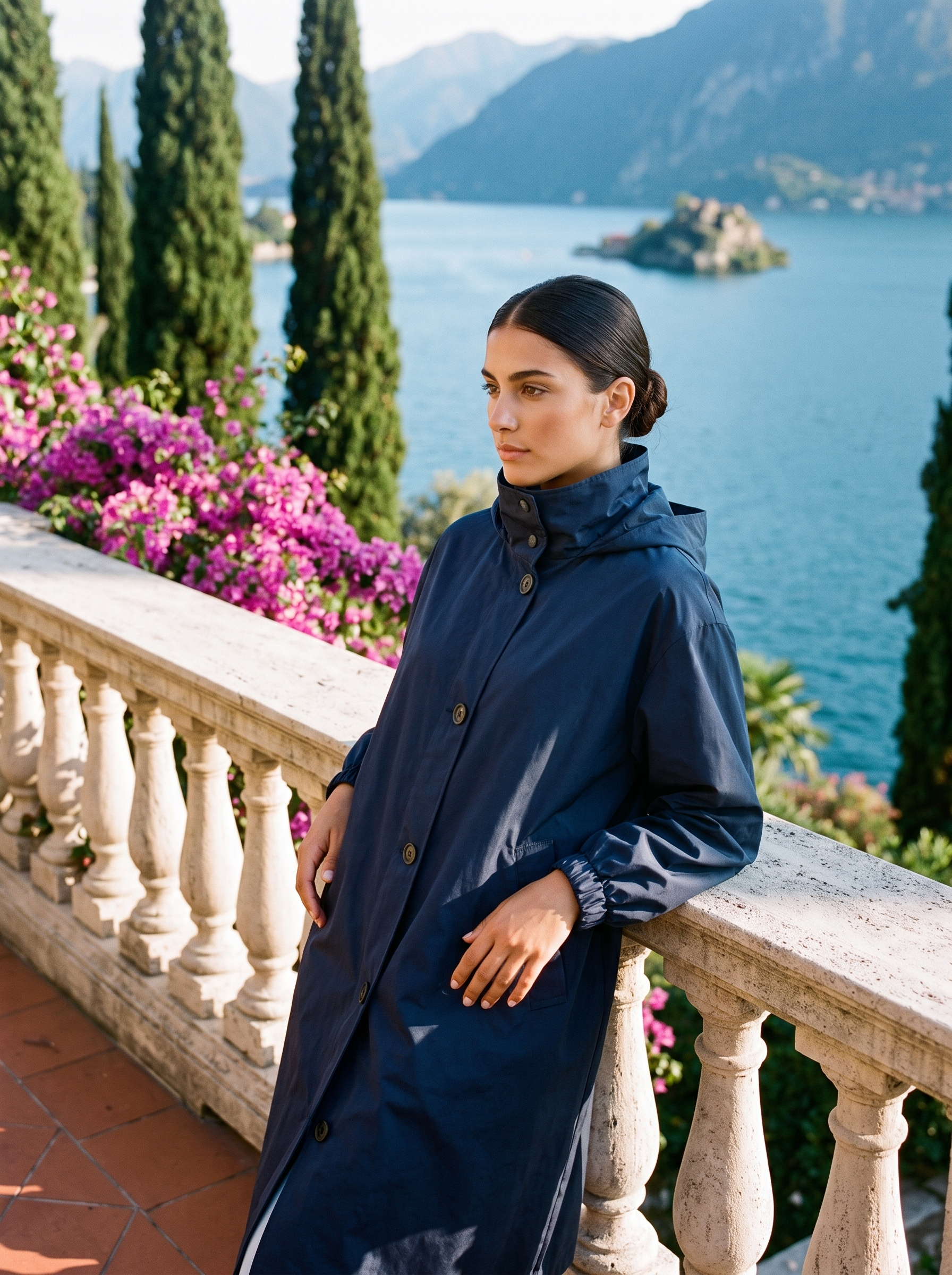 Woman wearing navy water-repellent hooded raincoat on a Lake Como terrace