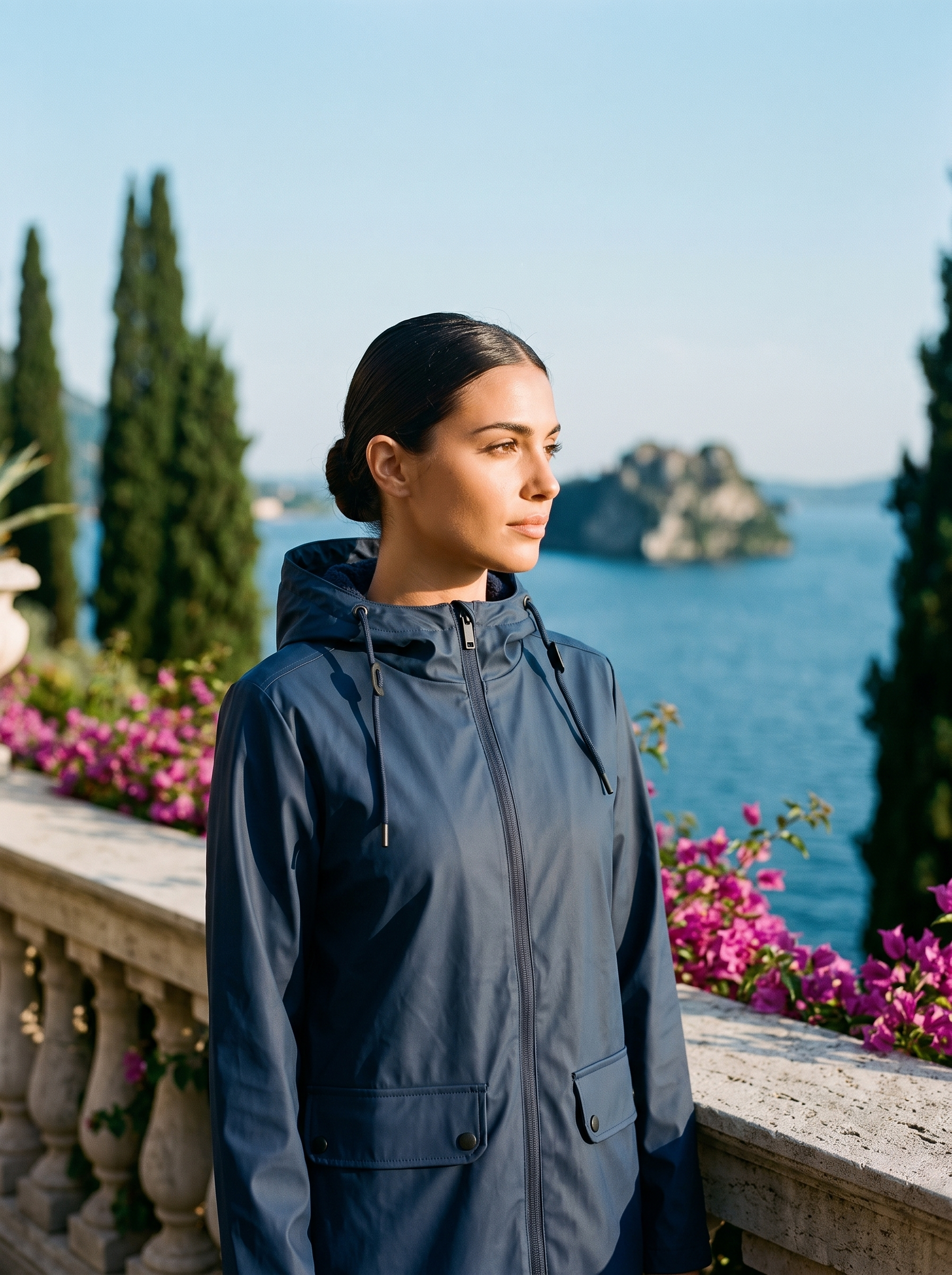 Woman wearing navy waterproof rain jacket on a Lake Como terrace — Aveloire