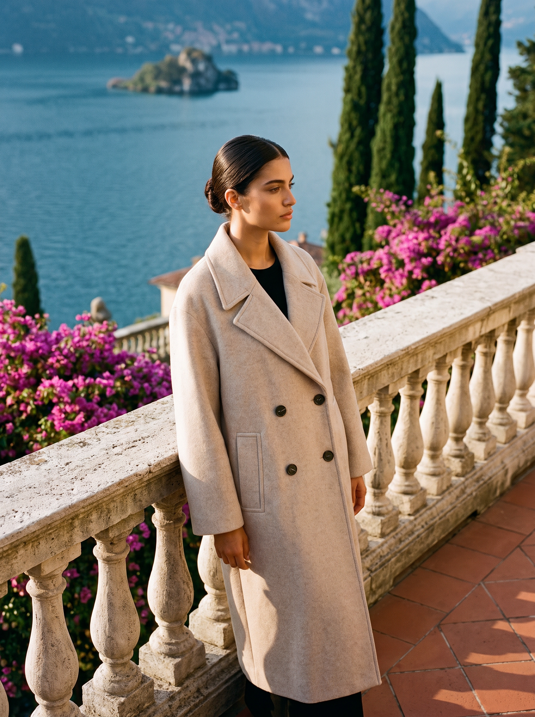 Woman wearing an oatmeal double-breasted wool overcoat on a Lake Como terrace — Aveloire