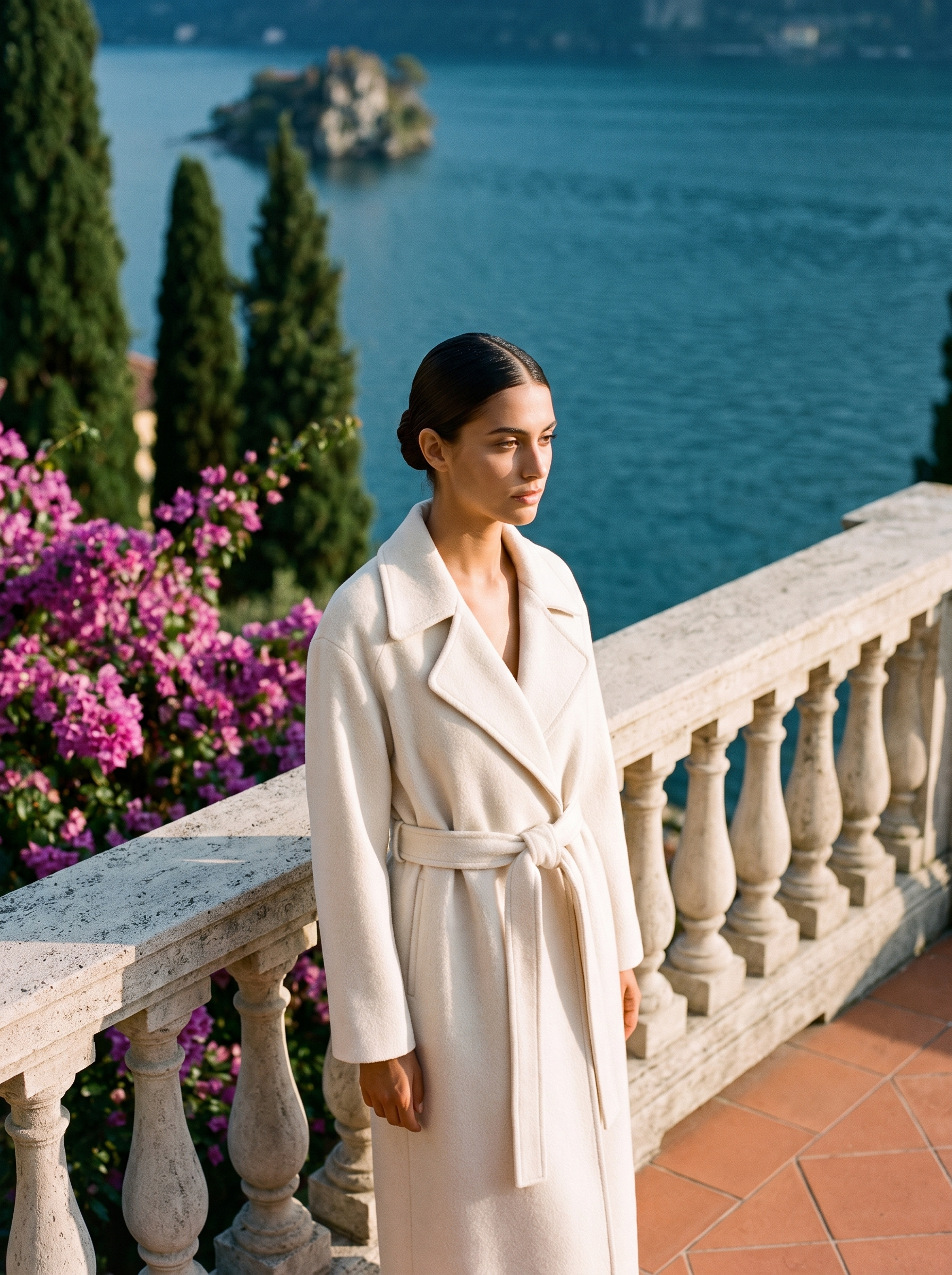 Woman wearing ivory off-white belted wool wrap coat on a Lake Como terrace
