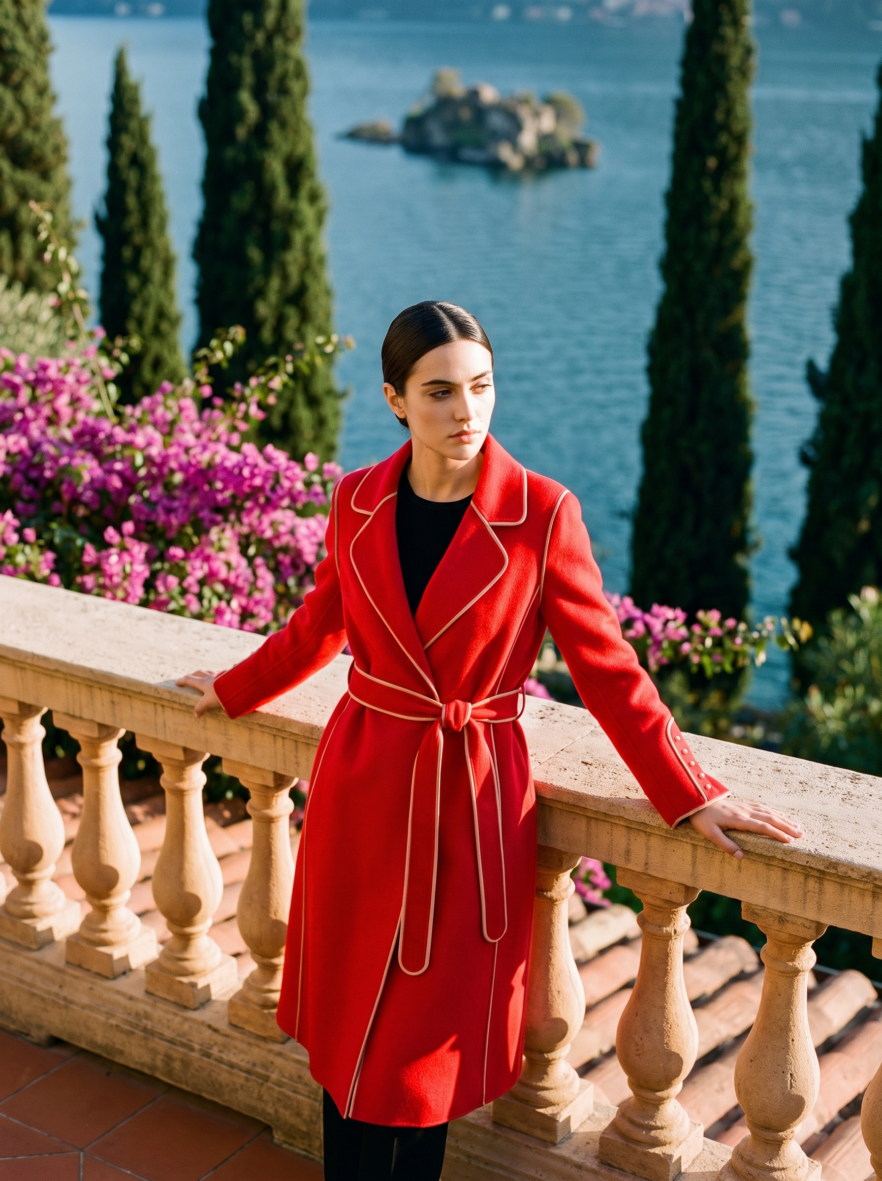 Woman wearing a red contrast-trim wool wrap coat on a Lake Como terrace — Aveloire