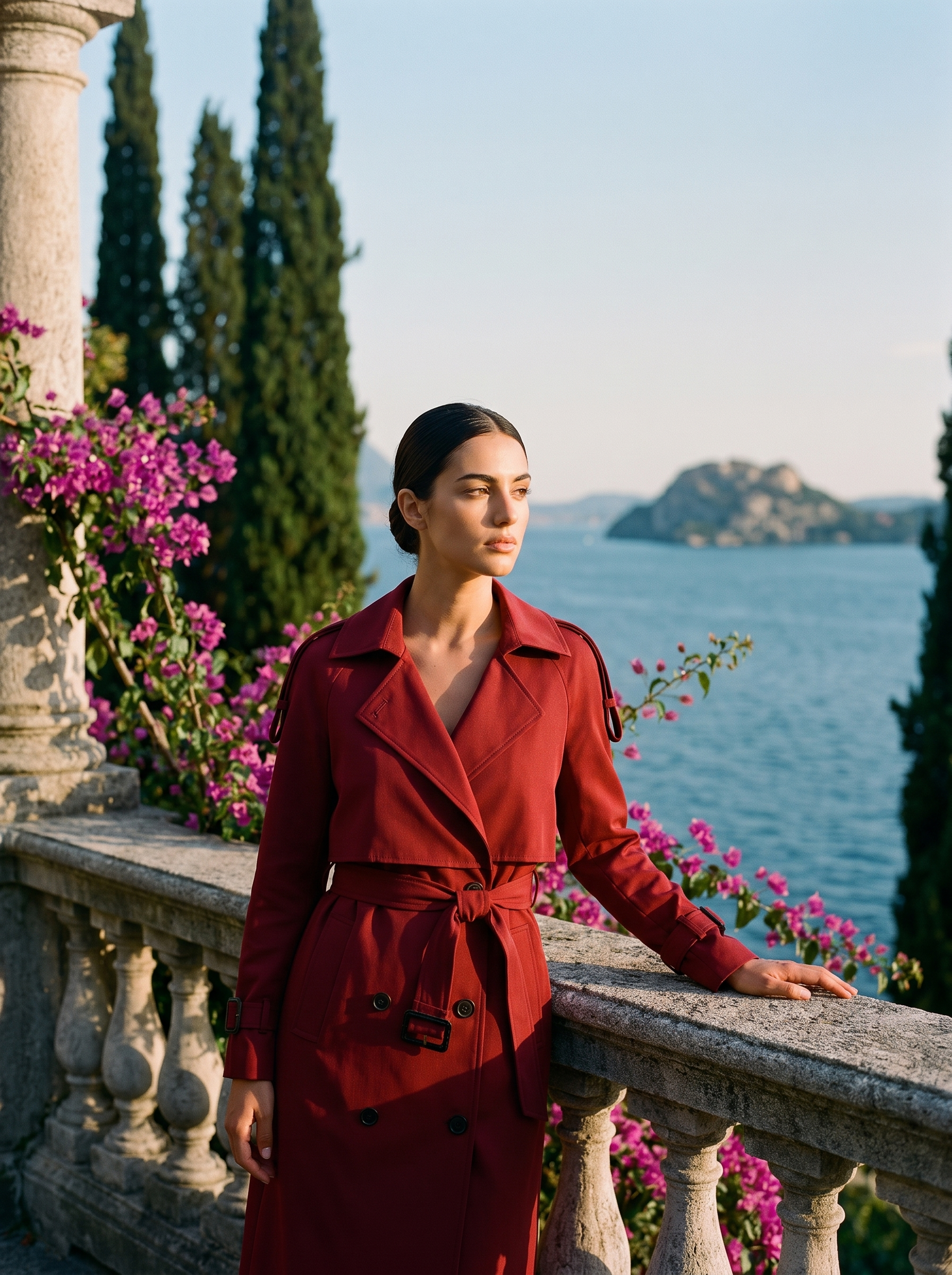 Woman wearing red longline trench coat on a Lake Como terrace — Aveloire