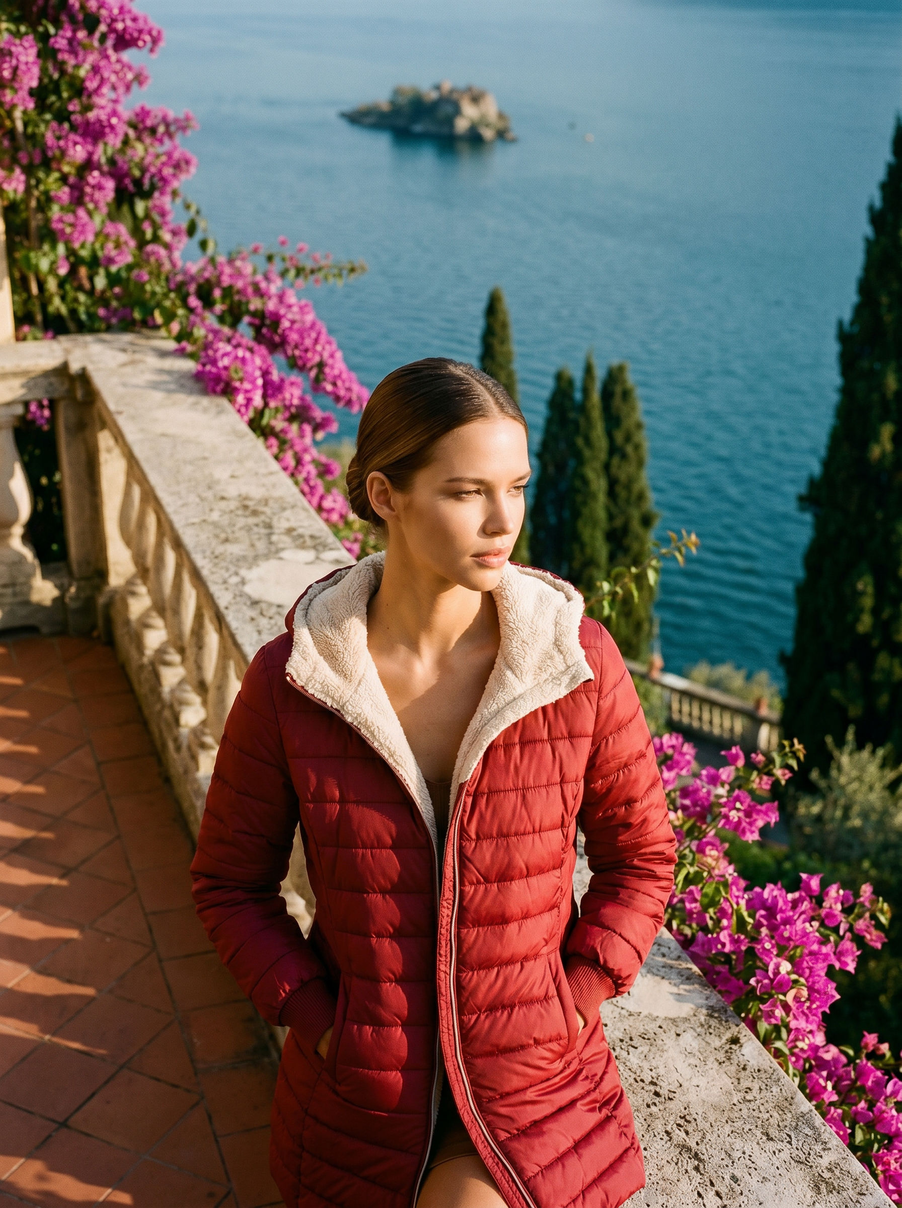Woman wearing red sherpa winter coat on a Lake Como terrace — Aveloire