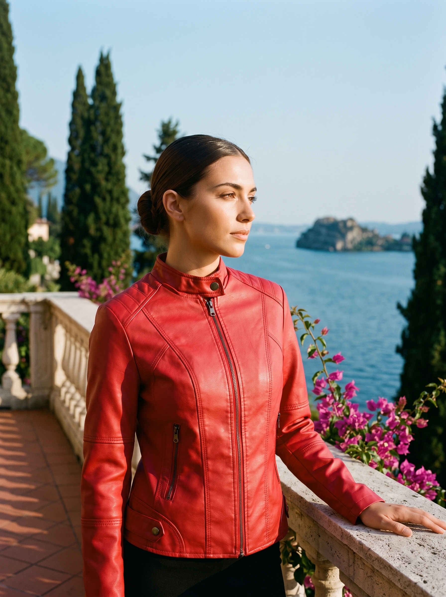 Woman wearing red sleek jacket on a Lake Como terrace — Aveloire