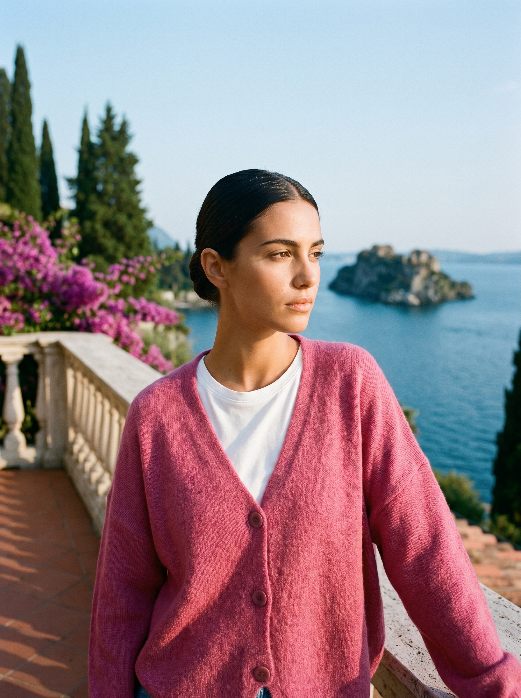 Woman wearing a rose pink V-neck cardigan on a terrace overlooking Lake Como, old money style — Aveloire