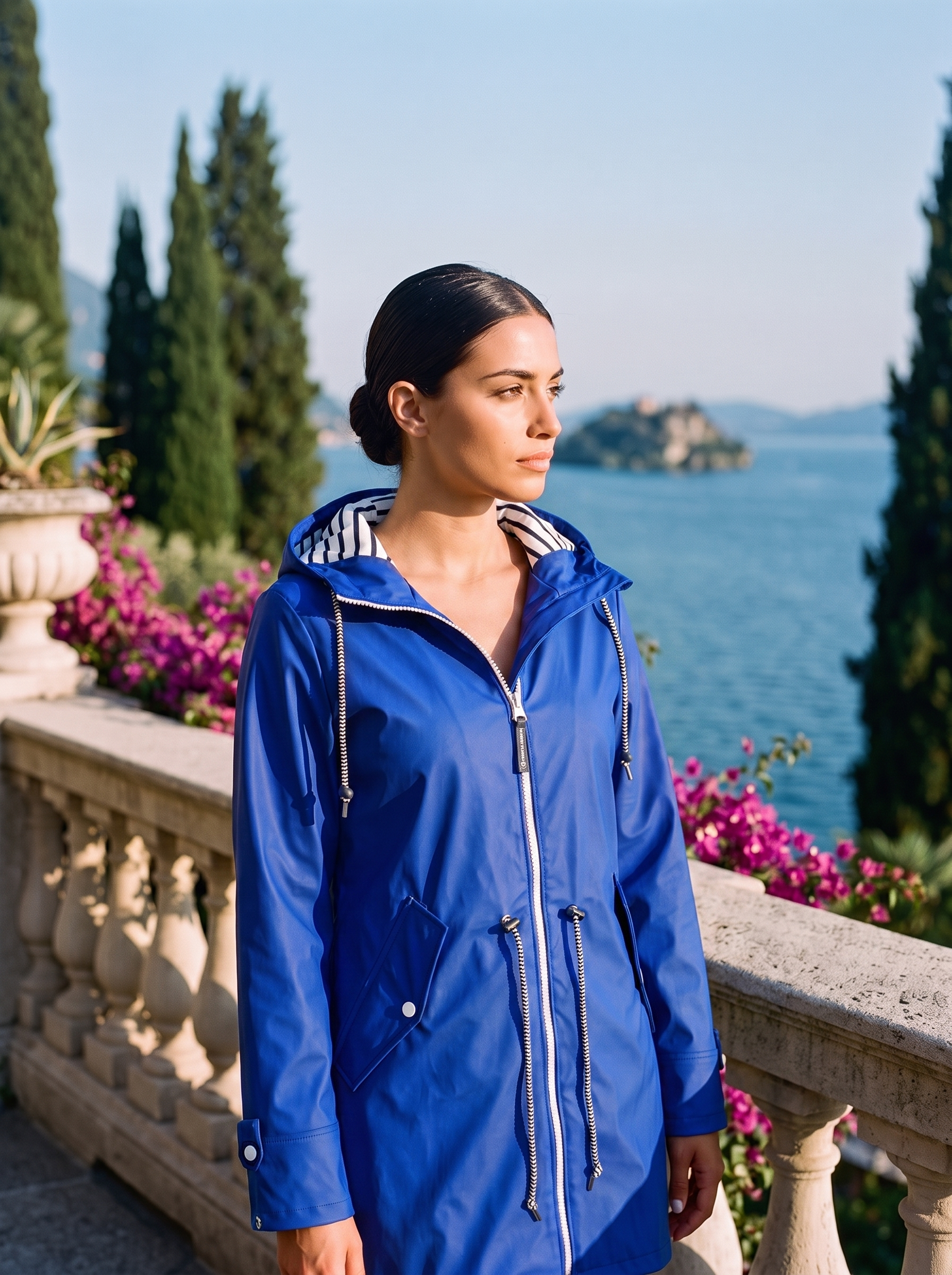 Woman wearing a royal blue hooded waterproof rain jacket on a Lake Como terrace — Aveloire