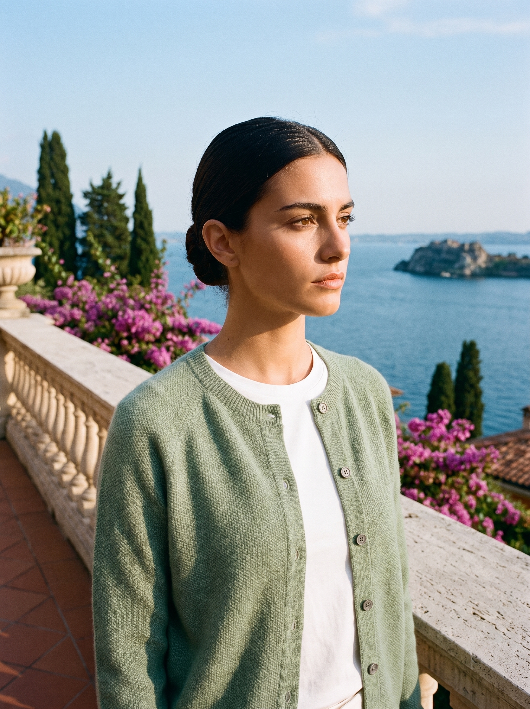 Woman wearing a soft green wool-blend cardigan on a terrace overlooking Lake Como, old money style — Aveloire