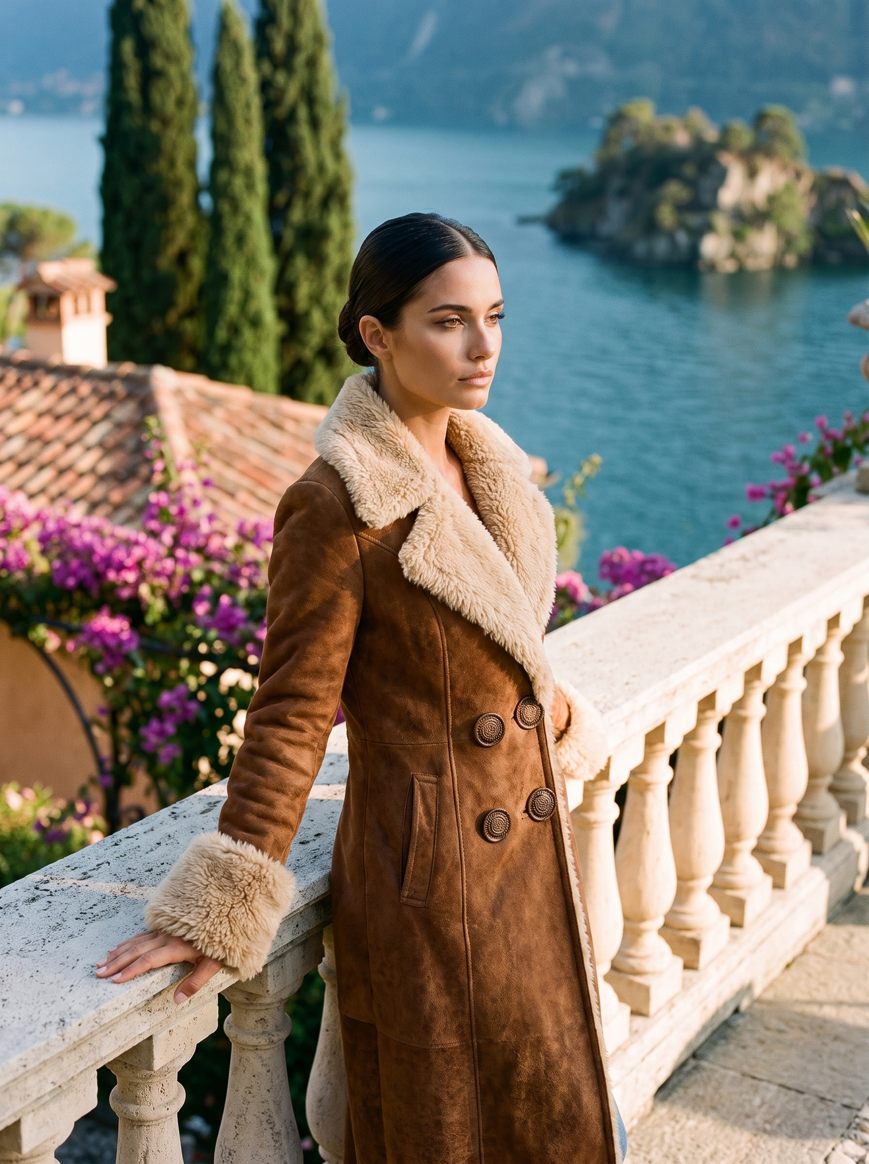 Woman wearing cognac suede shearling-trimmed coat on a Lake Como terrace