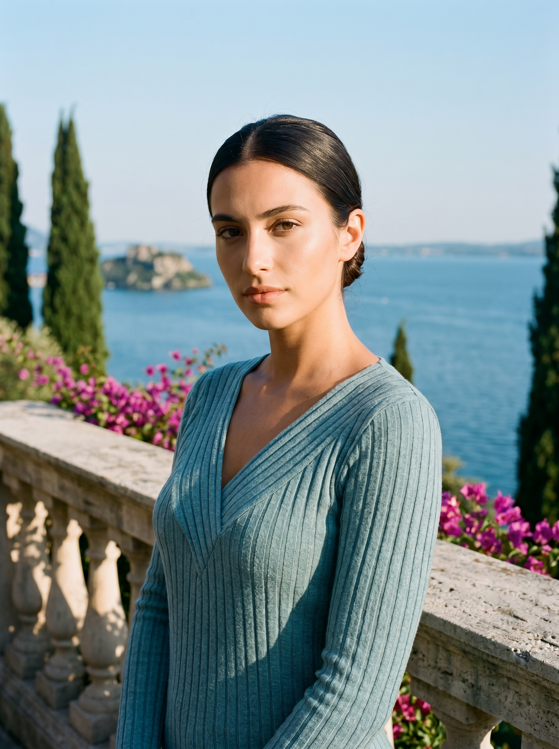 Woman wearing a teal ribbed V-neck top on a terrace overlooking Lake Como, old money style — Aveloire