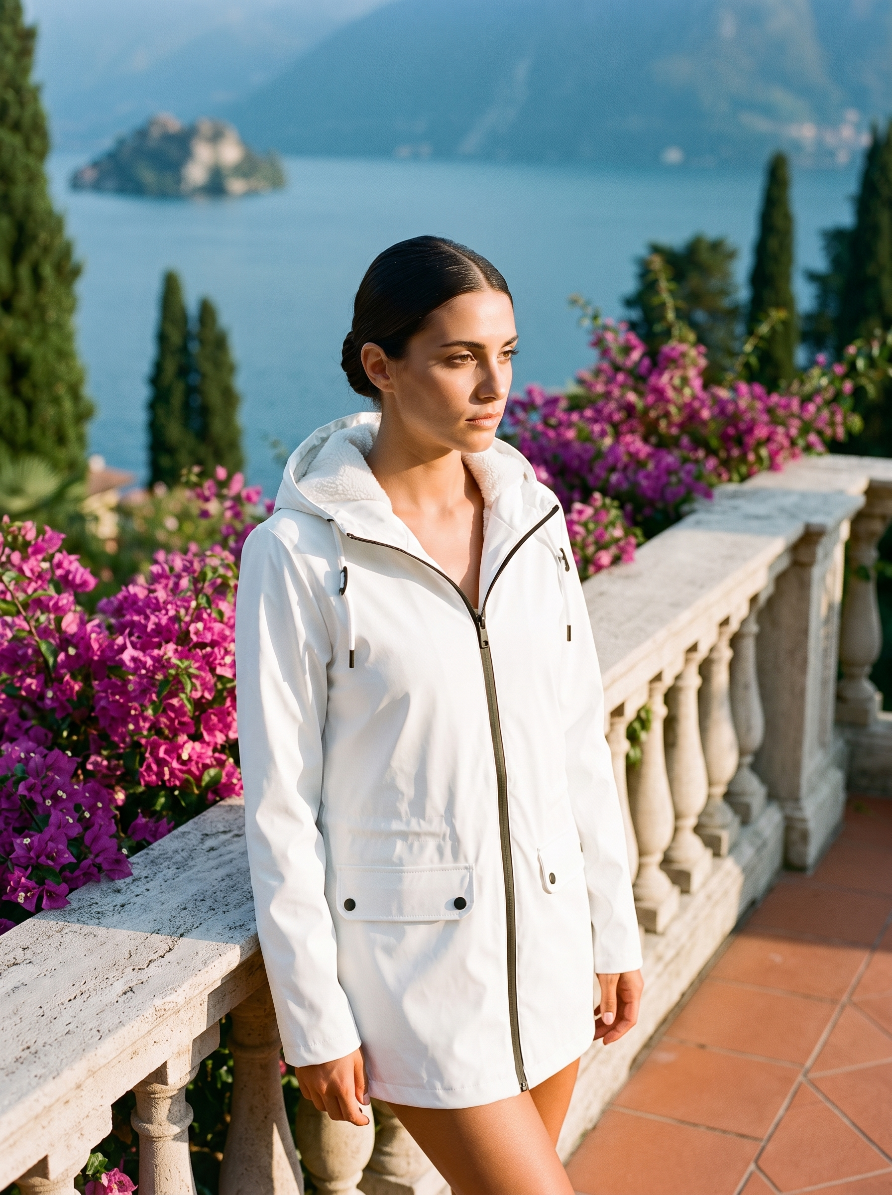 Woman wearing white waterproof rain jacket on a Lake Como terrace — Aveloire