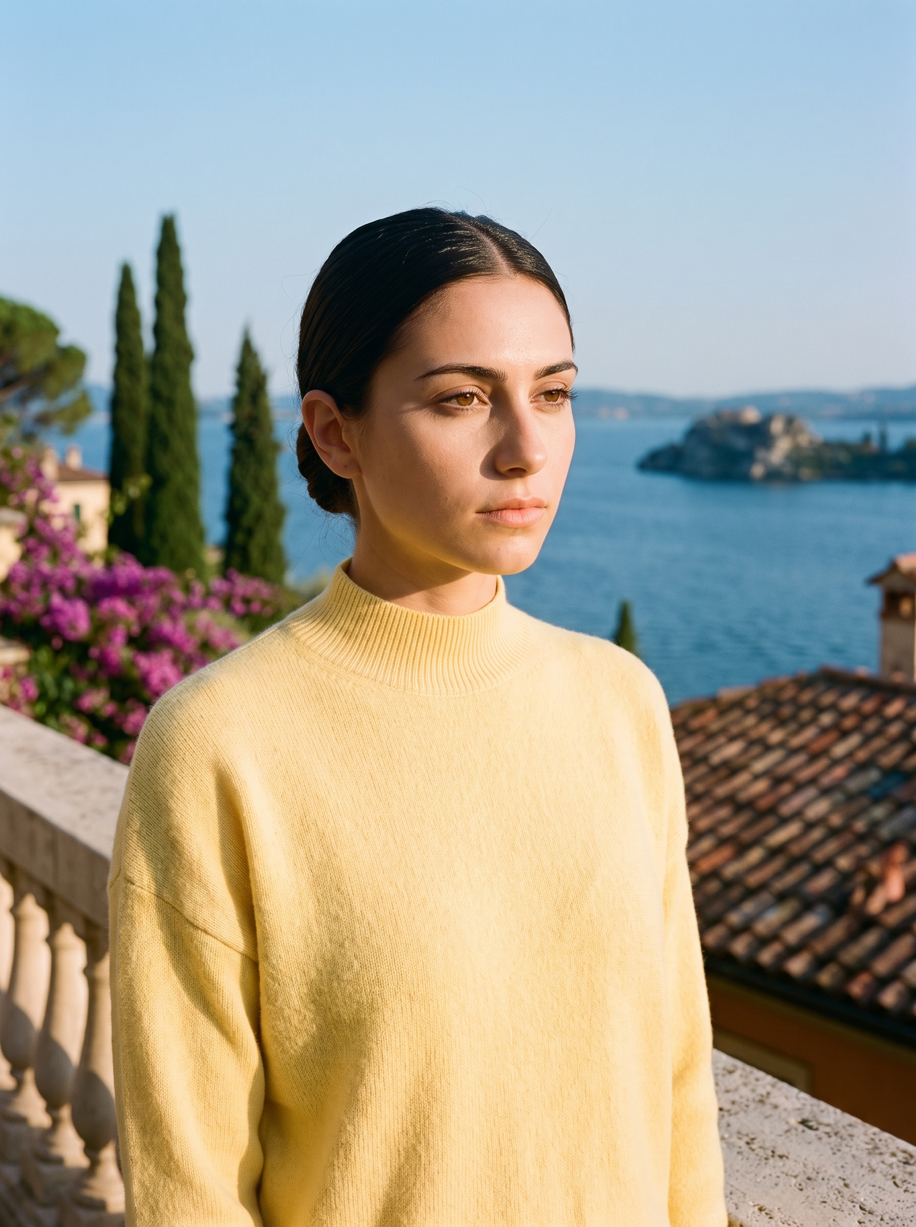 Woman wearing a butter-yellow mock-neck jumper on a terrace overlooking Lake Como — Aveloire